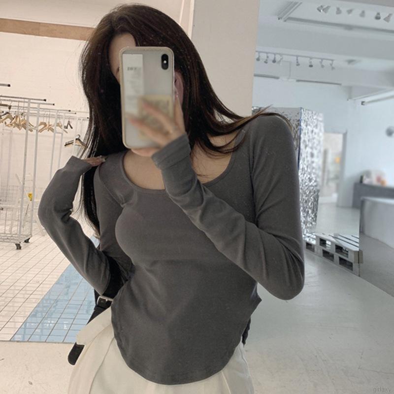 Áo Thun Tay Dài Cổ Thấp Màu Sắc Đơn Giản Phong Cách Hàn Quốc Thời Trang Cho Nữ