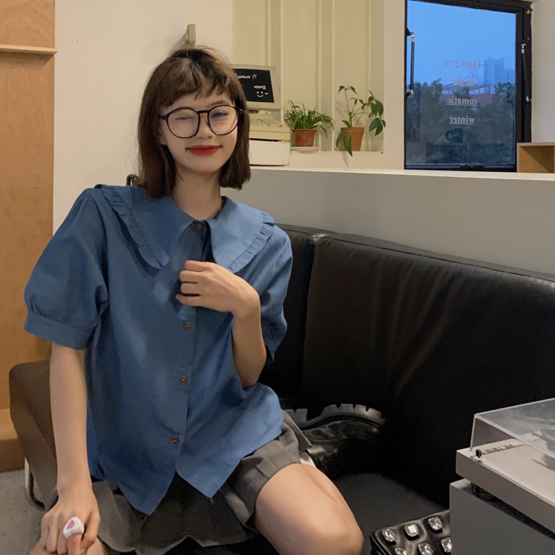 Áo sơ mi SUXI tay ngắn cổ búp bê màu trơn đơn giản dễ phối đồ thời trang mùa hè cho nữ