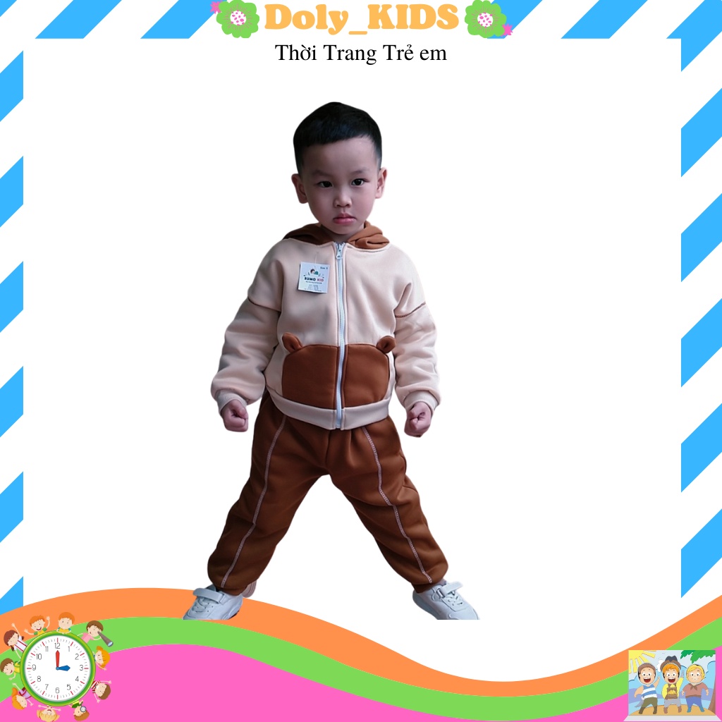 Bộ nỉ cho bé trai bé gái DOLY KIDS ,Bộ quần áo khoác nỉ cho bé trai bé gái hình tai gấu cho bé Mã NG02 từ 7-27kg