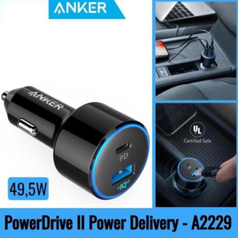 Tẩu Sạc Xe Hơi 2 Cổng Anker PowerDrive+ Speed 49.5W Tích Hợp Cổng USB Type-C / Power IQ 2.0 Power Delivery PD - A2229