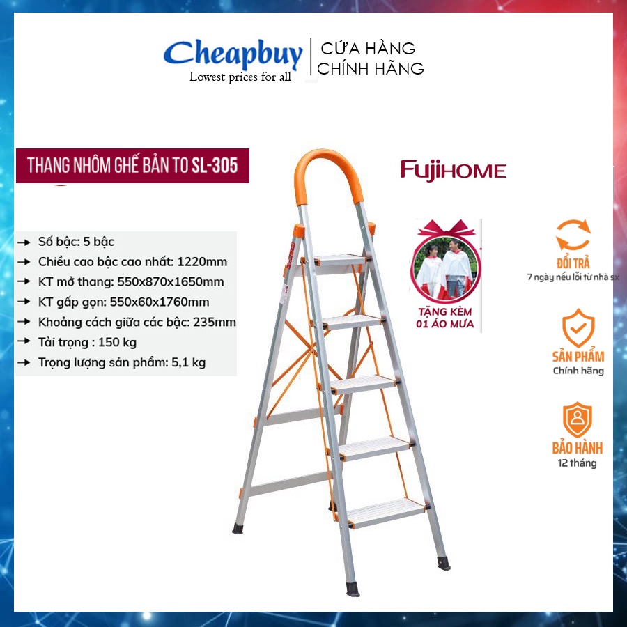 Thang nhôm ghế 5 bậc chữ A gấp gọn có tay vịn bậc to chắc chắn FUJIHOME SL-305 ( bậc cao 1,22m) Bảo hành 1 năm