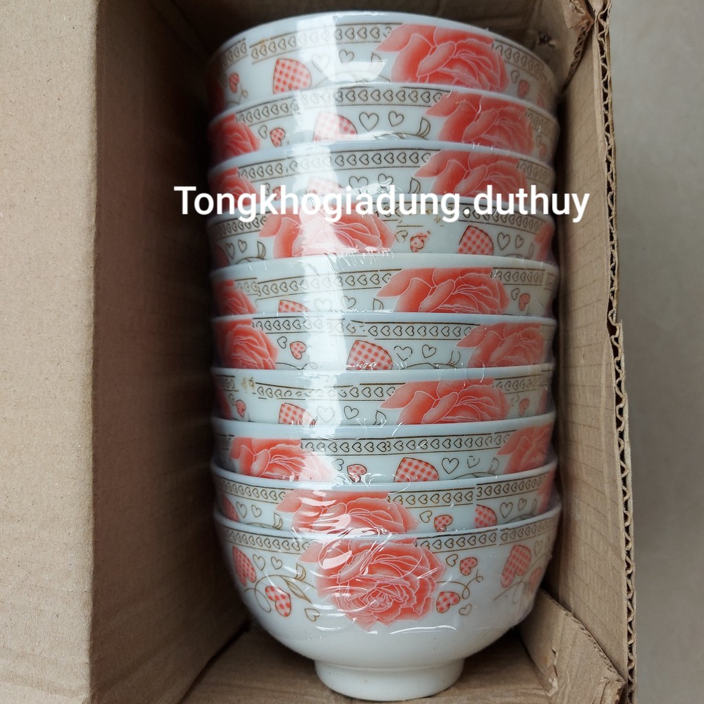 Chén sứ bông xanh, đỏ CT 10 cái chén mỏng tráng men bóng đẹp, thiết kế nhiều họa tiết đẹp mắt của gia dụng Du Thủy