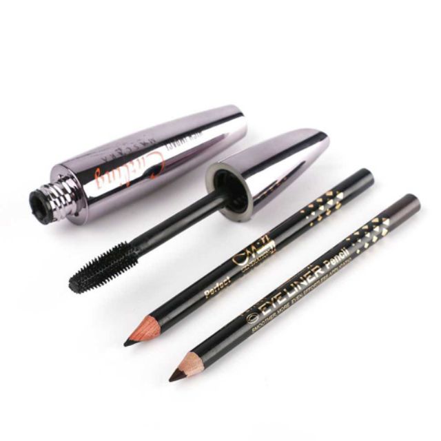 Bộ 3 món trang điểm mắt với mascara dày mi không lem, chì kẻ mắt 2 màu đen và nâu M.N Curling High Impact | BigBuy360 - bigbuy360.vn
