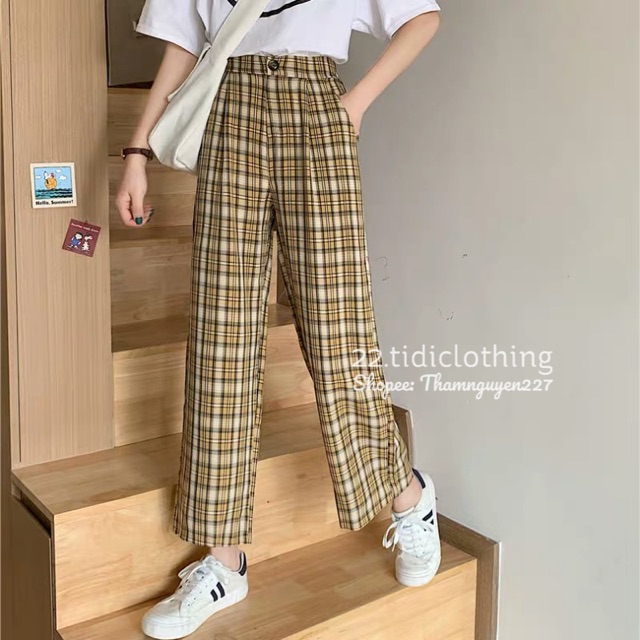 [ ORDER ] Quần caro ulzzang culottes ống suông phối lưng thun / quần ống rộng kẻ sọc trắng đen