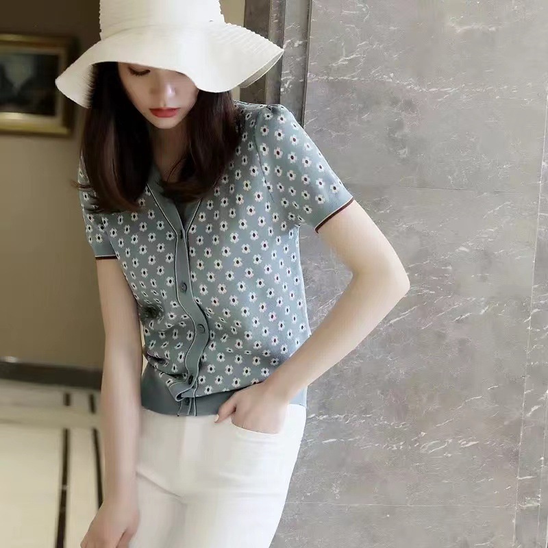 Áo Cardigan Mỏng Vừa Vặn Cổ Chữ V Tay Phồng In Hoa Màu Xanh Dương / Trắng Phong Cách Nhật Bản Thời Trang Cao Cấp Phù Hợp Với Mùa Xuân OL Cao Cấp