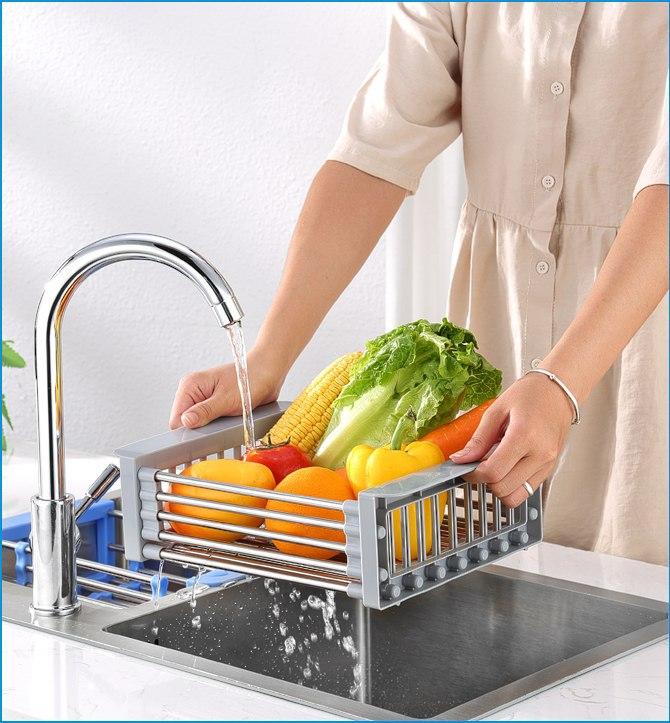 Rổ rút gọn để bồn rửa chén, Giá inox đa năng đặt chậu rửa bát