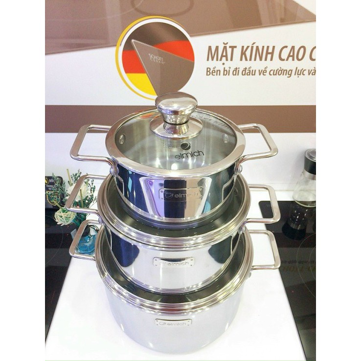 Bộ nồi Inox 3 lớp đáy liền Elmich Trimax classic 2105OL size 16,20,24cm