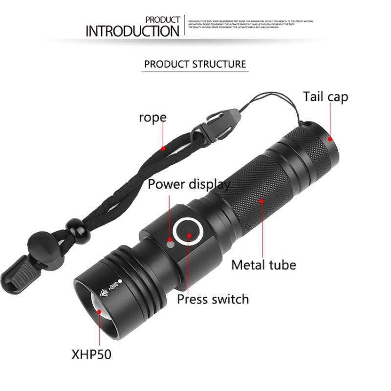 Đèn Pin LED Siêu Mạnh XHP70.2 26.650 XHP50 USB Có Thể Sạc Lại Chiến Thuật Sử Dụng 18650 Zoomable