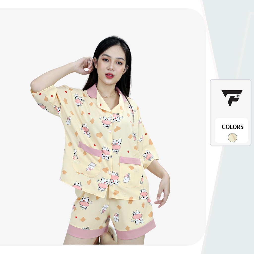 Bộ mặc nhà nữ dễ thương bò sữa ngắn form rộng cá tính pijama lua cao cấp FPLUS 286