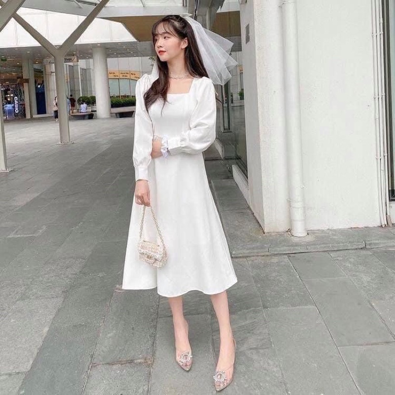 Đầm - Váy trắng dài tay cổ U tiểu thư xinh xắn