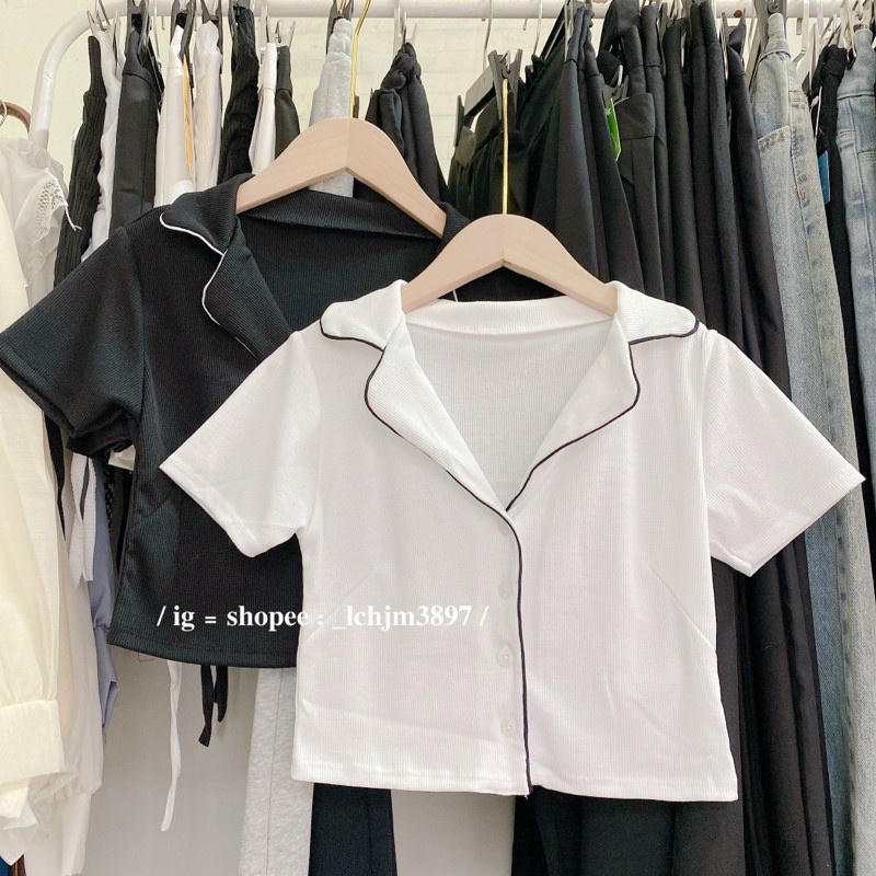 Áo croptop ôm tay ngắn có cổ - áo crt có cổ chất thun gân phối viền - A092