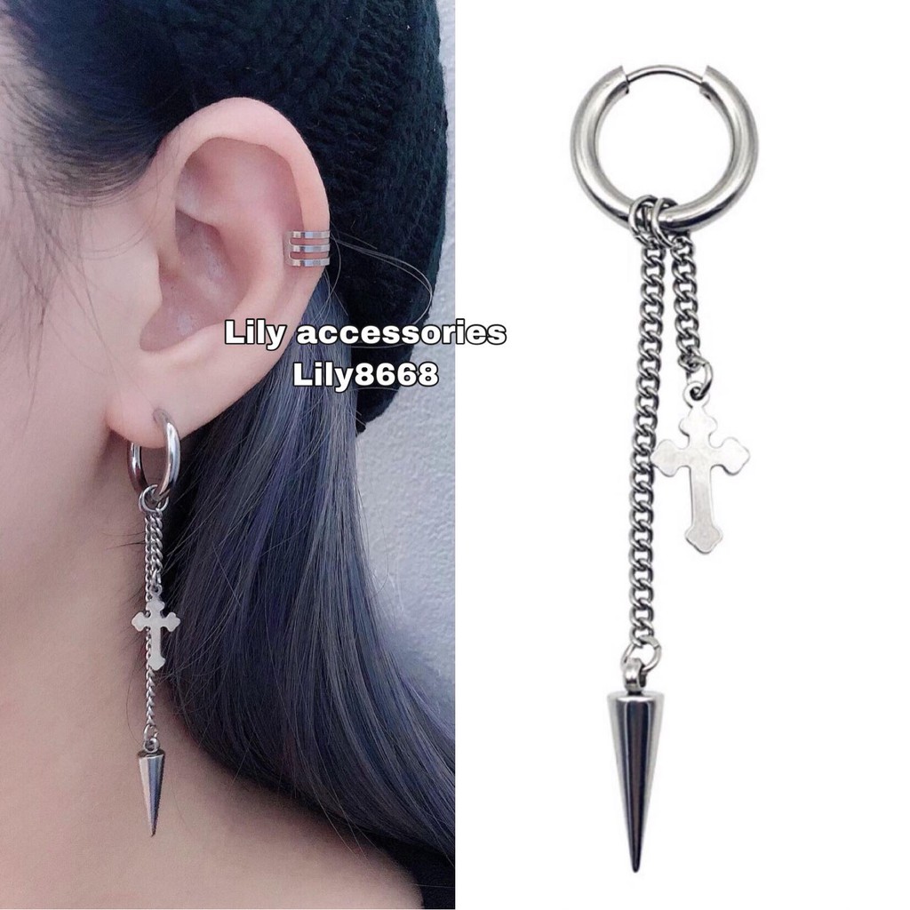 khuyên tai titan thánh giá xích và mũi nhọn không gỉ không đen không dị ứng nam nữ unisex