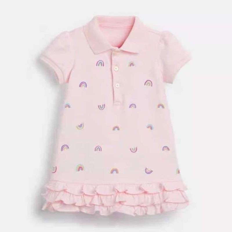 Đầm thun cotton hồng phấn Little Maven, cổ Polo in hoạ tiết cầu vồng cho bé gái