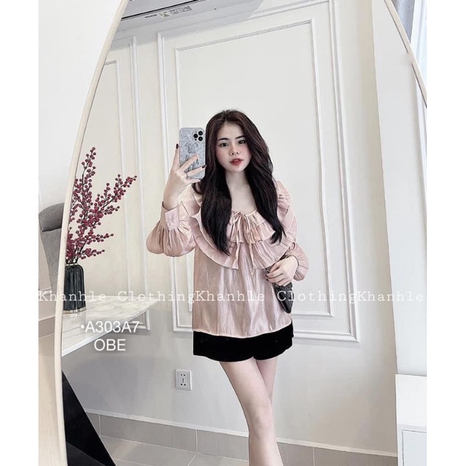 ÁO SƠ MI LỤA NỮ TAY BỒNG CỔ BÈO NHIỀU LỚP, ÁO KIỂU QC CỔ BÈO TIỂU THƯ TƠ LỤA HỒNG XINH