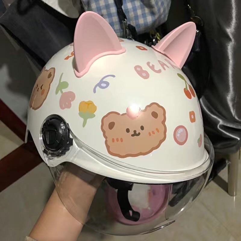 Nón bảo hiểm tai mèo cute kèm hình dán có kính kèm ảnh thật