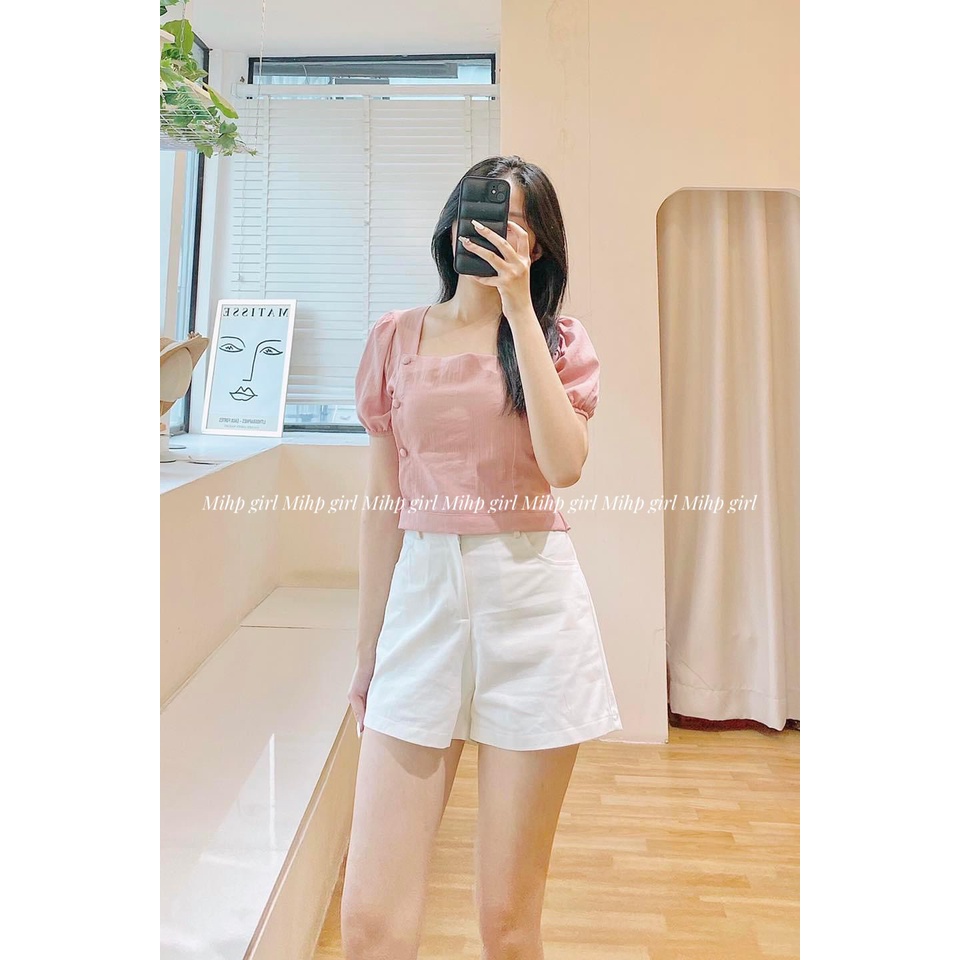 Áo kiểu nữ croptop cổ U nút bọc tay phồng vải đũi hàn đẹp