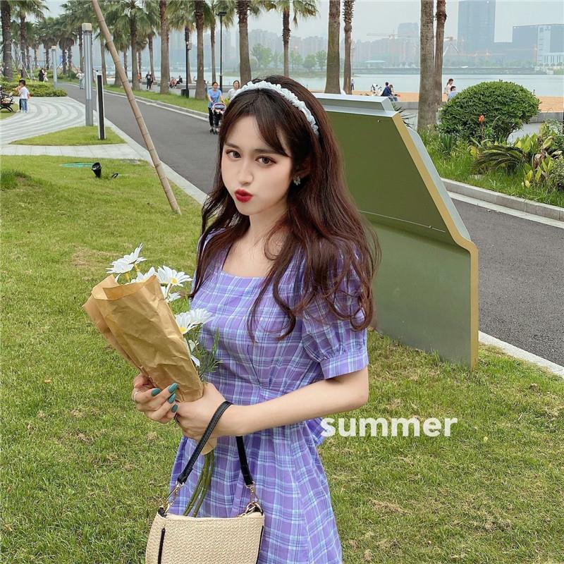 Đầm Dáng Chữ A Cổ Vuông Tay Ngắn Kẻ Sọc Caro Thời Trang Cho Phụ Nữ