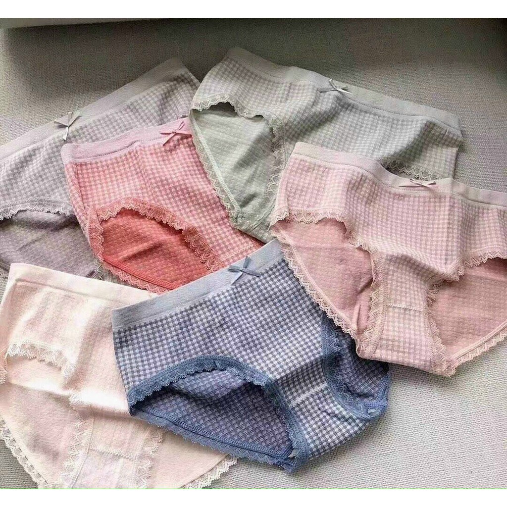 [Thanh Lý] Quần lót cotton KIMCHIBIKINI kẻ caro freesize 40-55kg phối ren nơ co dãn 4 chiều ôm bụng nâng mông QL124