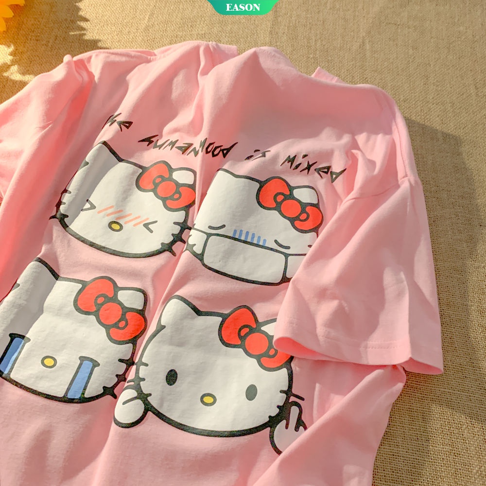 Áo Thun Tay Ngắn Dáng Rộng In Họa Tiết Hoạt Hình Hello Kitty Phong Cách Nhật Bản Thời Trang Mùa Hè Cho Nữ