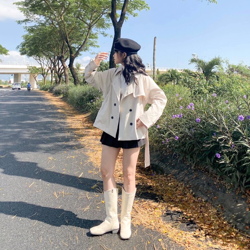 Áo mangto dáng ngắn kèm đai 2 màu