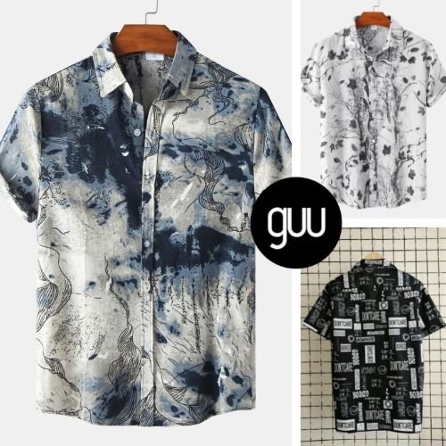 Áo sơ mi nam cộc tay form rộng GUU thiết kế nhiều họa tiết độc đáo chất vải thô lụa mềm phong cách Hawaii