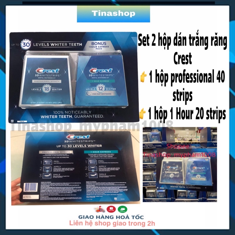 Set 2 hộp dán trắng răng Crest Professional hộp 20 gói và crest 1 hour hộp 10 gói