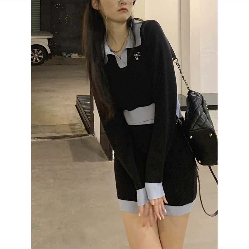 Set áo croptop tay dài cổ polo và chân váy len kiểu học sinh