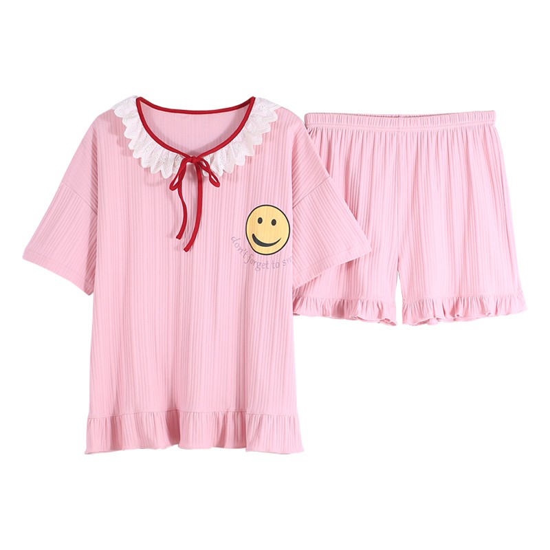 Bộ Đồ Ngủ Pijama Cotton Ngắn Tay In Họa Tiết Dễ Thương Cho Nữ