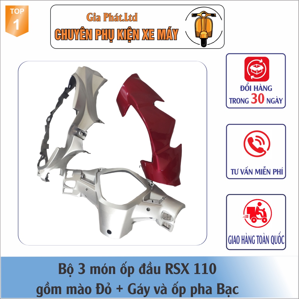 Combo ốp đầu Wave RSX 110  gồm Mào ĐỎ - Gáy BẠC - và Pha đèn kèm bóng