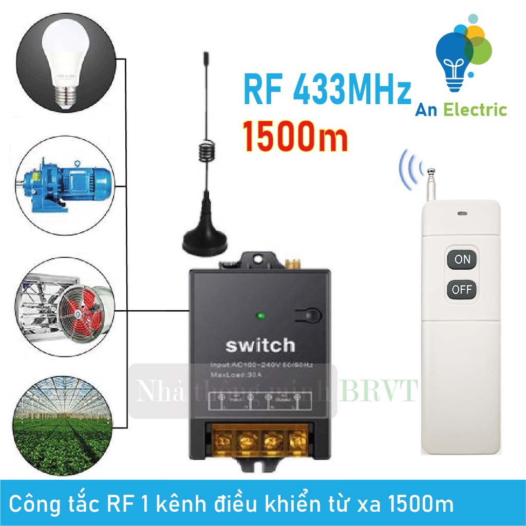 Công tắc điều khiển từ xa 220V 1500m công suất cao ngõ ra 30A bật tắt thiết bị chiếu sáng, máy bơm, quạt [RF-433MHz]