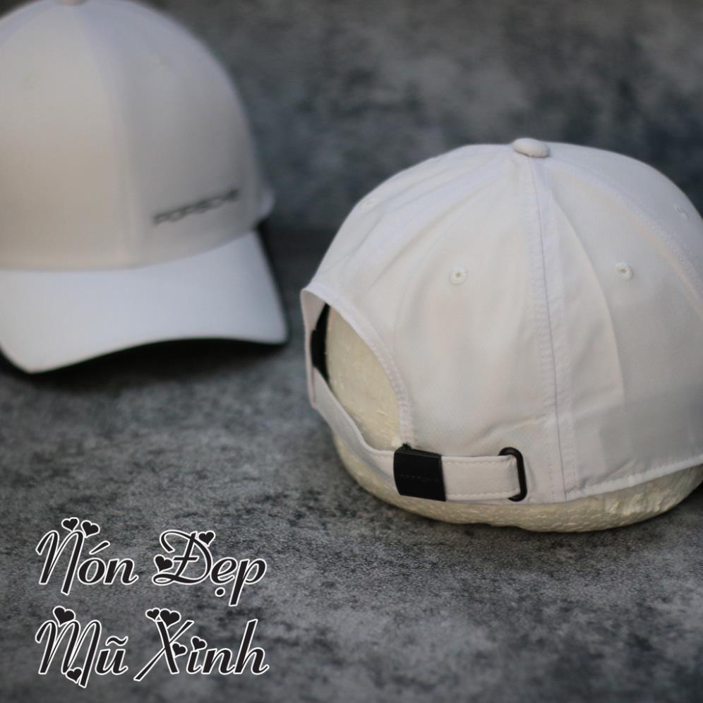 Nón lưỡi trai Porsche  dù trắng Hàn Quốc cao cấp, phom nón cứng cáp cá tính, logo dập nổi, khoá đuôi dán
