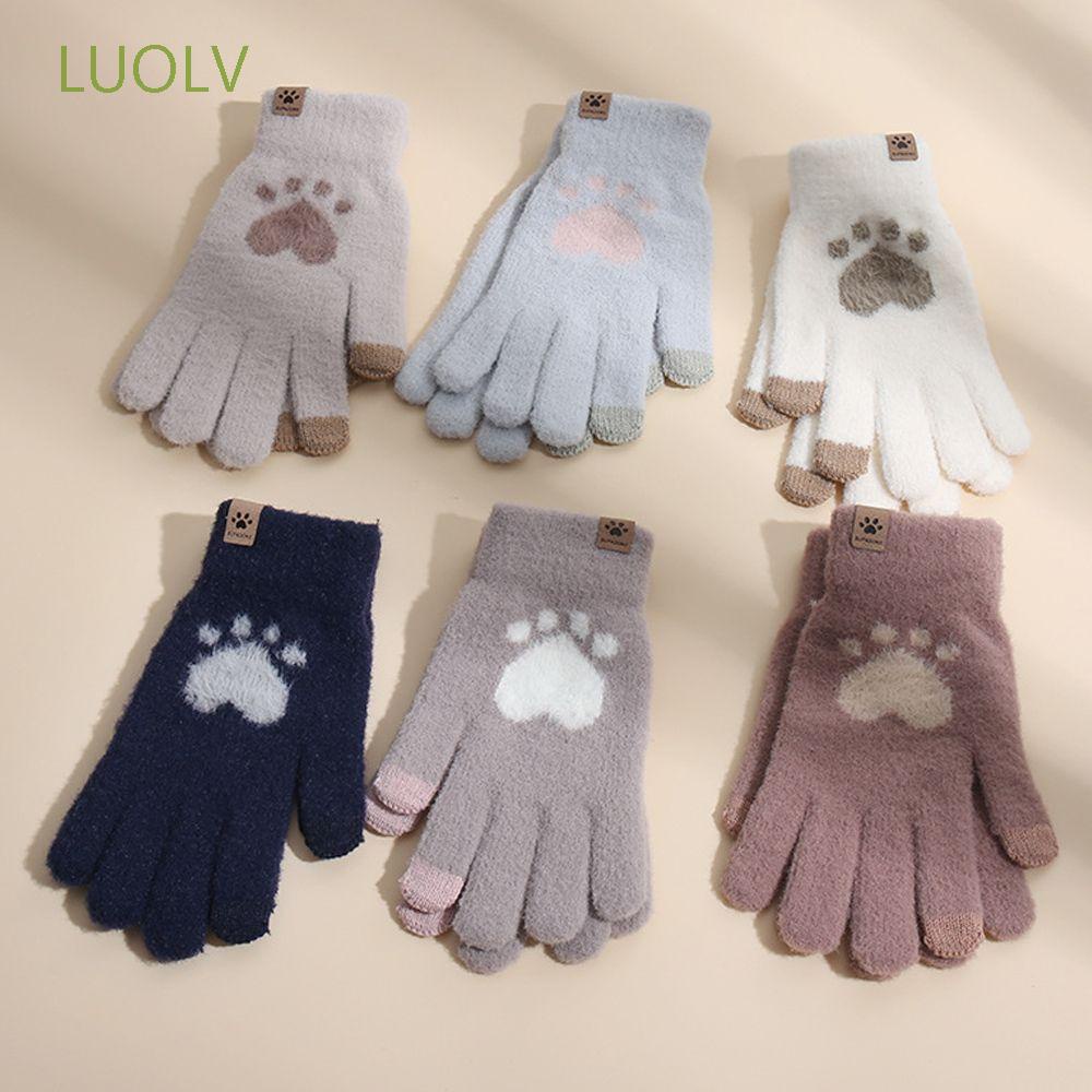 LUOLV Găng tay hở ngón hình bàn chân mèo giữ ấm mùa thu đông bằng vải nỉ nhiều màu sắc có thể dùng màn hình cảm ứng cho nữ