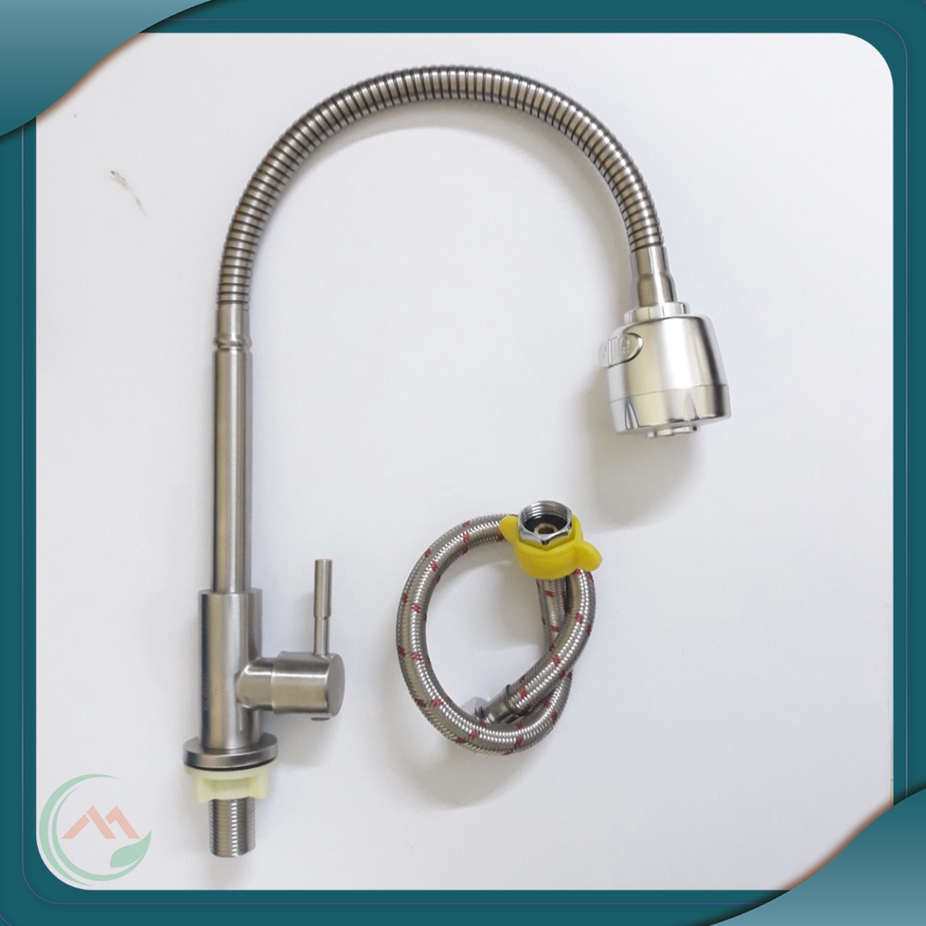 Bộ vòi rửa chén bát 1 đường nước lạnh inox 304 trắng mờ cao cấp loại cần mềm cắm chậu xoay 360 độ, 2 chế độ xả nư