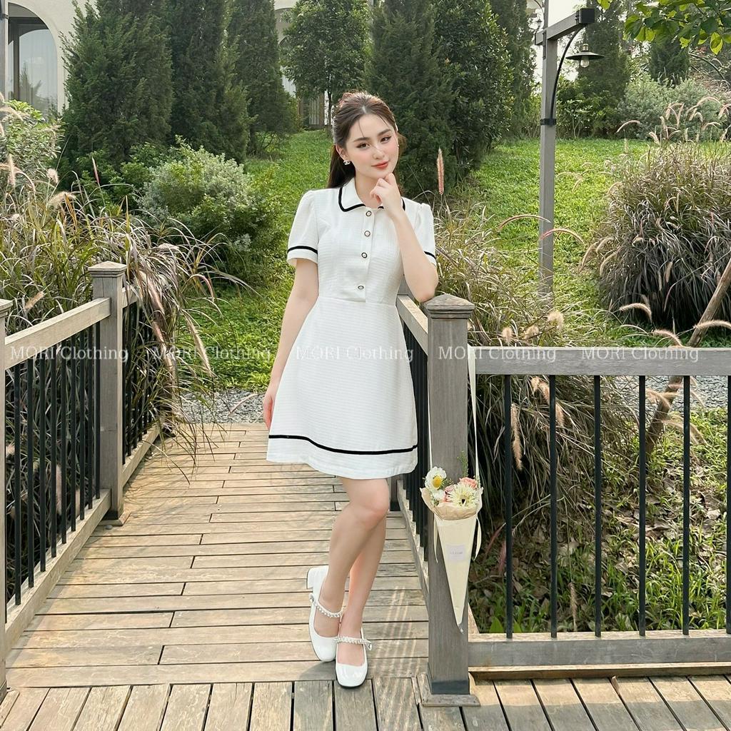 Đầm váy polo nữ tiểu thư cổ đức viền đen đính khuy chất xước hàn thanh lịch thời trang thiết kế MORI CLOTHING V002