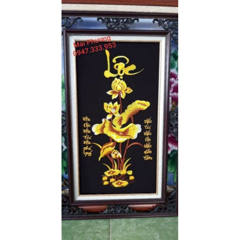 Bộ tranh PHÚC LỘC THỌ SEN VÀNG 1 bộ gồm 3 bức tất cả "ĐÃ THÊU SẴNin về chỉ việc đóng khung.