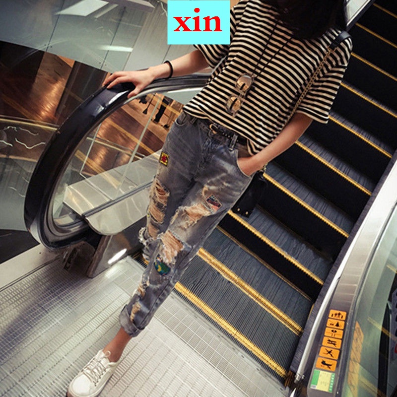 Quần Jeans Lửng Dáng Rộng Thiết Kế Rách Phong Cách Hàn Quốc Có Size Lớn Dành Cho Nữ mm200 Jin