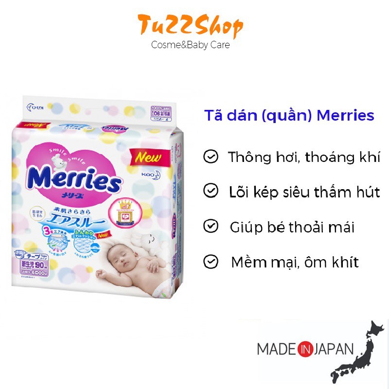 Tã Dán/Quần Merries Nội Địa Nhật NB96/S88/M68/L58/M64/L50/XL44/XXL28