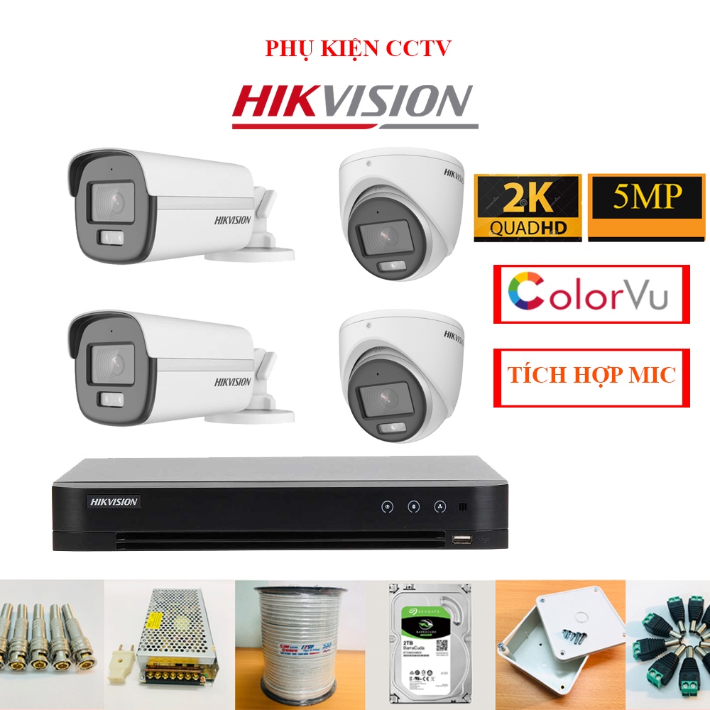 Bộ camera Hikvision 5mp có màu ban đêm 24/24 tích hợp mic thu âm hàng chính hãng