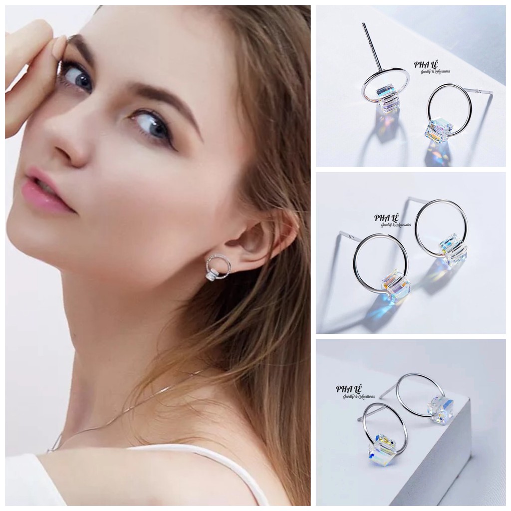 Bông Tai Pha Lê Vuông Vòng Tròn Được Thiết Kế Từ Pha Lê Swarovski Và Bạc S925