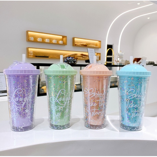 ly nhựa 2 lớp kim tuyến nắp bầu kèm ống hút dẻo