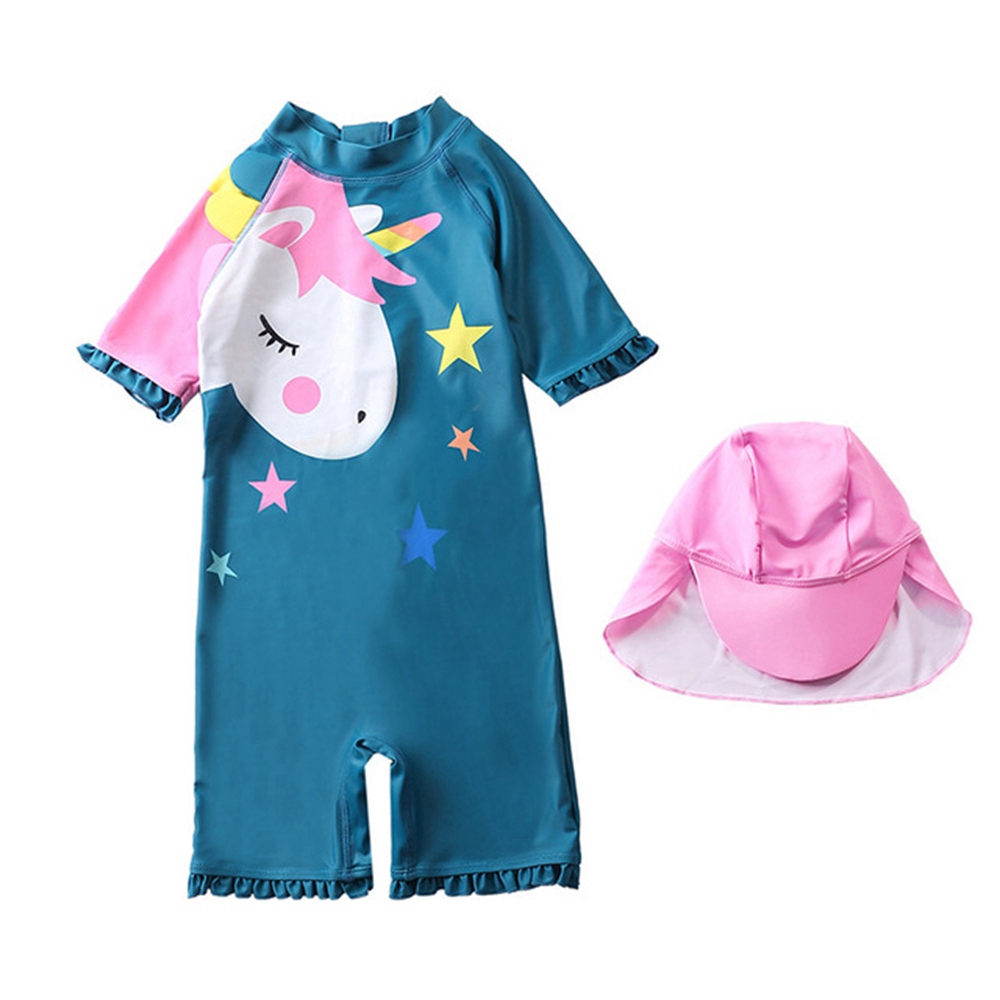 Cartoon Unicorn Girls Swimsuits Cute Pink Pony Baby Swimwear Infant Toddler Jumpsuits One-pieces Swimsuits with Cap