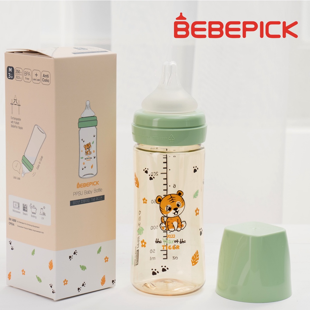 Bình Bebepick bản Hổ  Mint - bình sữa núm ti size 150ml - 250ml