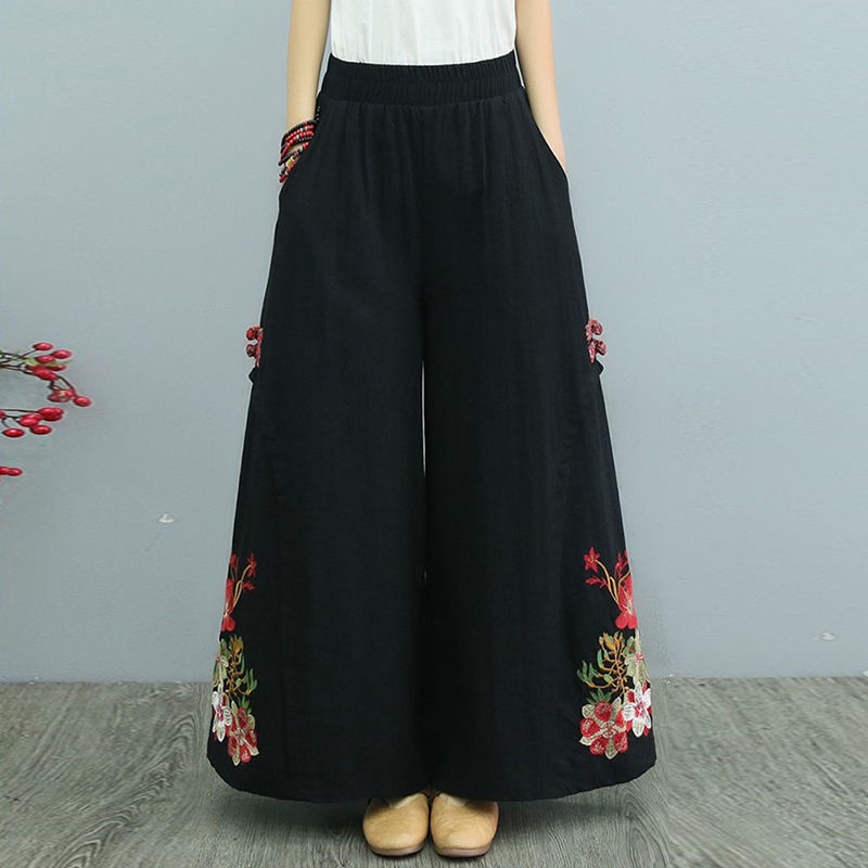Quần Cotton Lanh Ống Rộng Lưng Thun Thêu Họa Tiết Dân Tộc Phong Cách Cổ Điển Thời Trang Mùa Xuân Dành Cho Nữ Admm2023