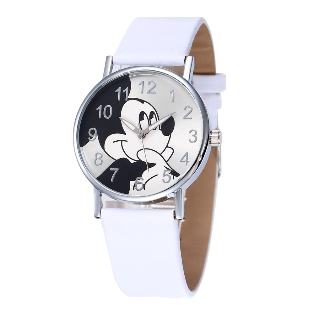 Đồng hồ LWCC 159 dây da mặt hình chuột Mickey dễ thương cho nữ