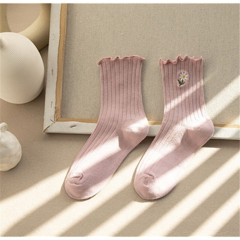 Tất cotton cổ cao kẻ sọc in hoa dễ thương cho nữ 8 màu lựa chọn