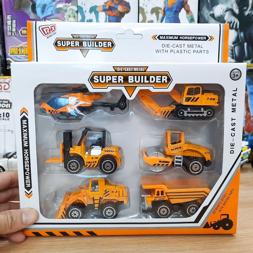 Bộ Xe ô tô công trình die cast mini đồ chơi trẻ em gồm 6 xe - mô hình bằng hợp kim và nhựa tỉ lệ 1:64