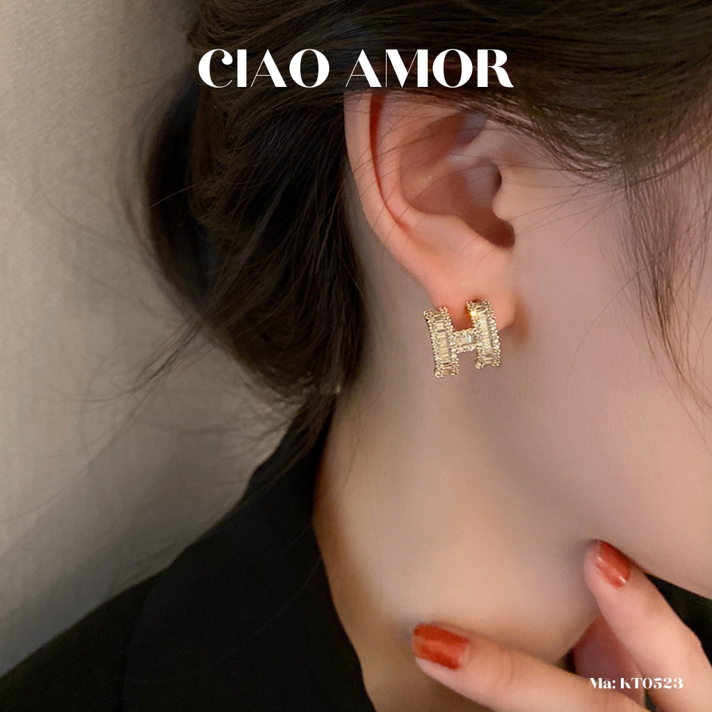 Set Khuyên tai nữ, Dây chuyền nữ chữ H đính đá lấp lánh Trang sức Ciao Amor - KT0523