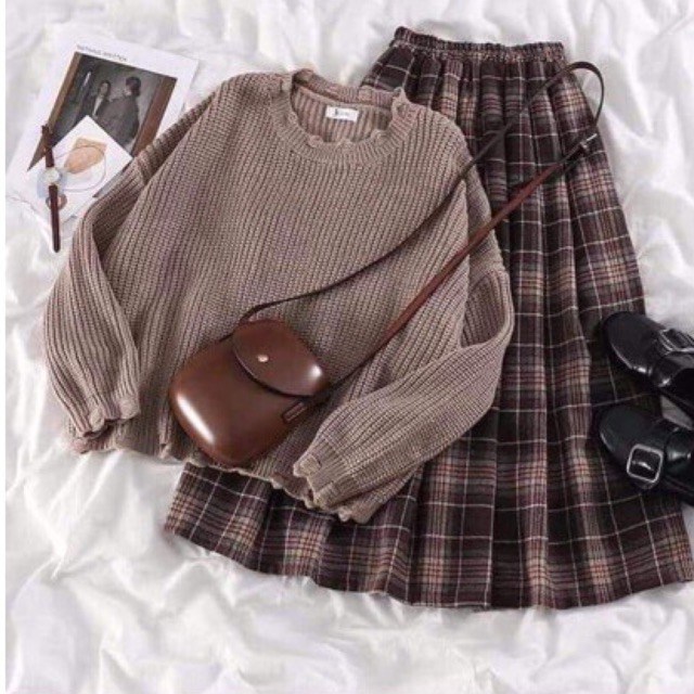Set áo len váy vintage(sẵn), chân váy nâu kẻ caro, áo len vintage