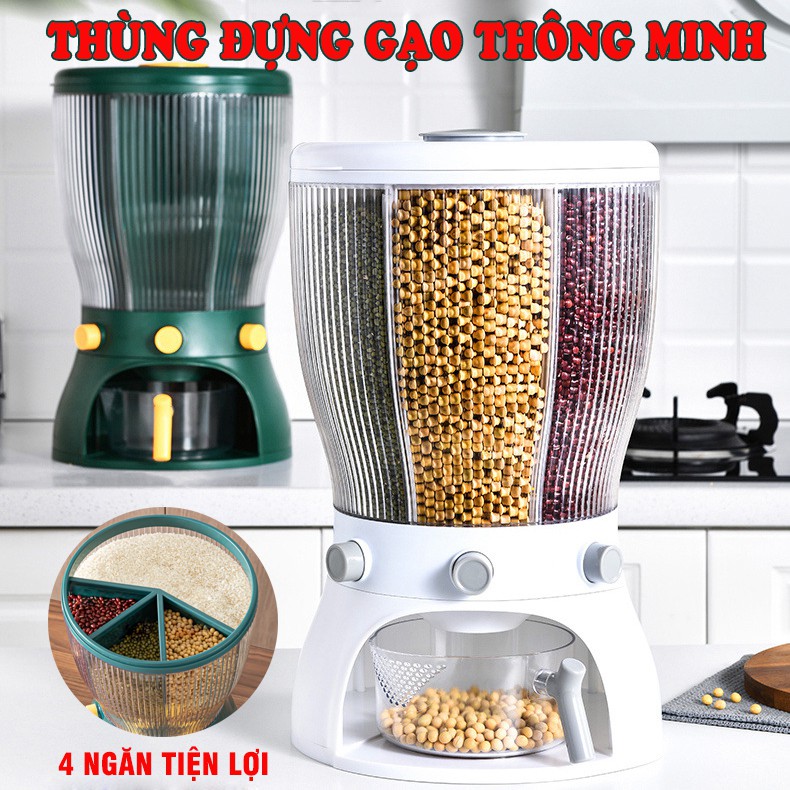 Thùng đựng gạo thông minh 4 ngăn, Thùng xoay 360 độ, Tiện lợi ,Đựng đỗ, Đậu nành, Đồ ăn cho mèo