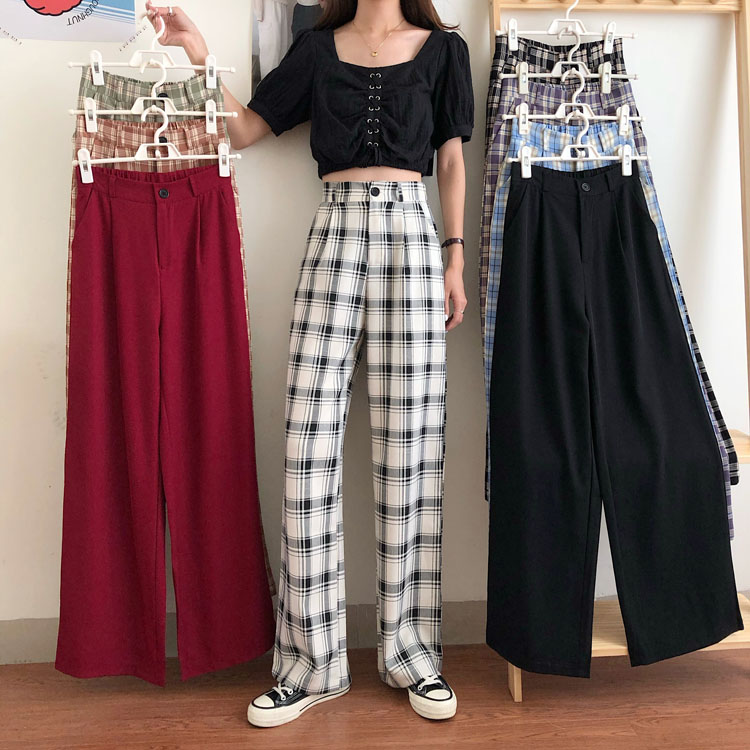 Quần Dài Ống Rộng Kẻ Sọc Vuông Thời Trang Hàn Quốc Thanh Lịch 40831